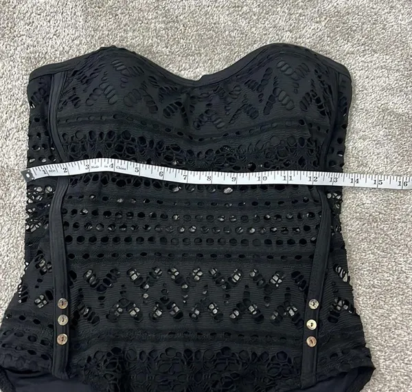 New Large Black Strapless Sheer Crochet One Piece Swim Suit with Button Detail - Image 12