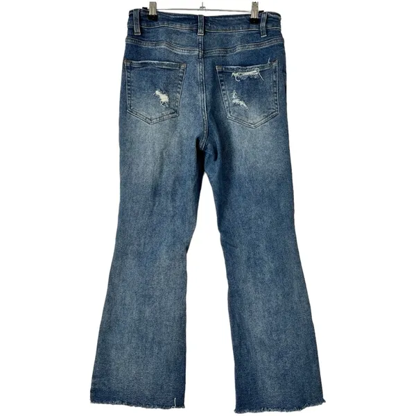 Forever21 Jeans Flare Leg High Rise Busted Knees Raw Hem Dark Wash Stretch‎ 29 - Image 2