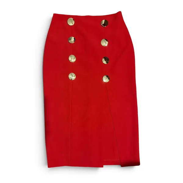 Zara Red High Waisted Midi Skirt Gold Buttons Front Slit Size Small - Image 5