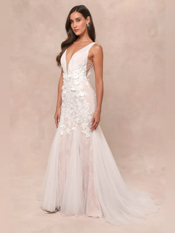 LULU’S Exceptional Vow White Tulle Lace Applique Mermaid Maxi Dress - Image 2