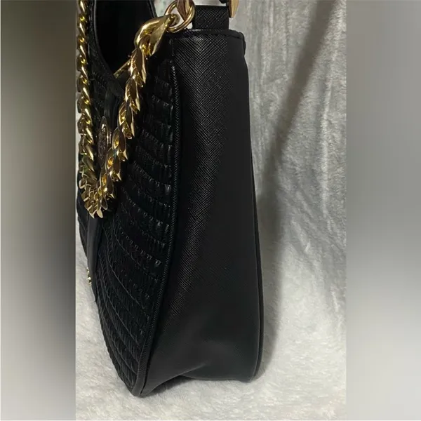 Aldo Black Textured Faux Leather Shoulder Bag Chunky Chain Detail and Lion Logo - Image 8