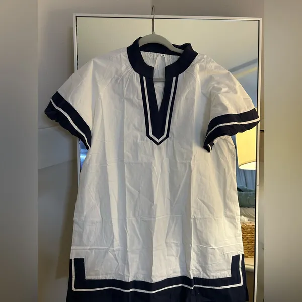 NEW Cotton Color Block Pullover V-Neck Puff Sleeve Mini Dress with Pockets S - Image 4