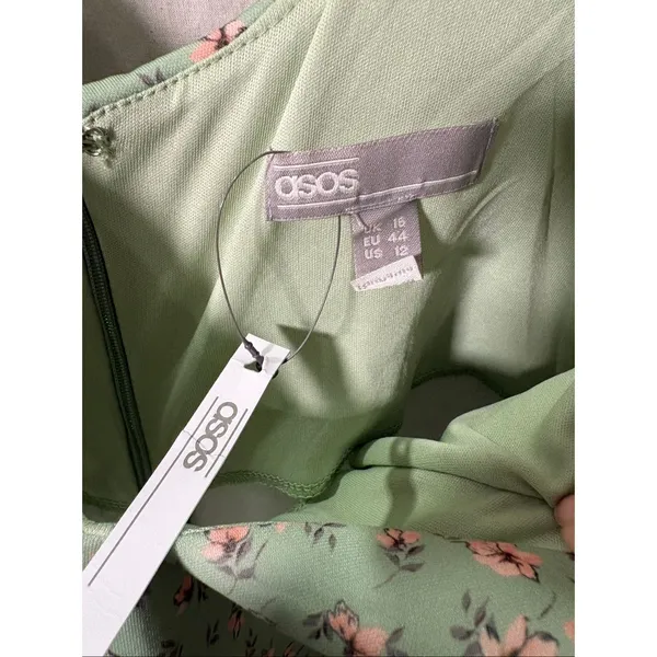 ASOS Mint Green Floral Midi Dress US 12 Tie Strap Scuba Cottagecore NWT - Image 5