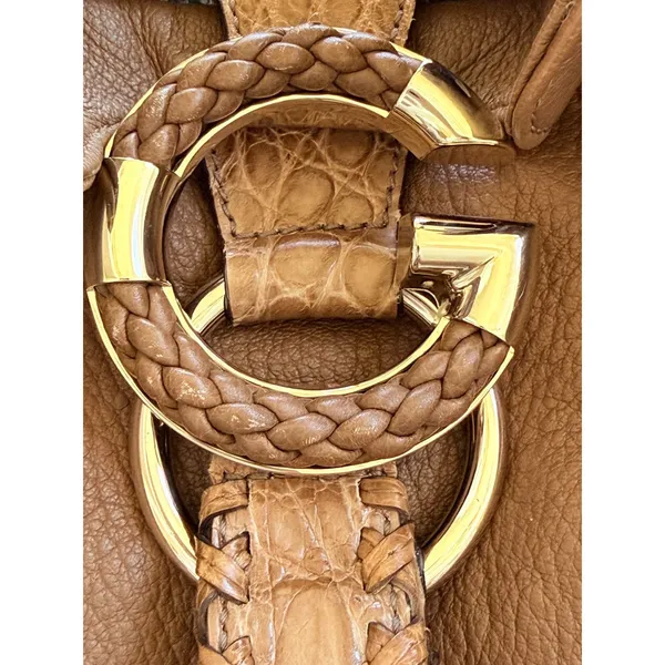 Gucci G Wave Large Hobo Bag Brown Pebbled Leather Rare Crocodile Trim 232931 - Image 4