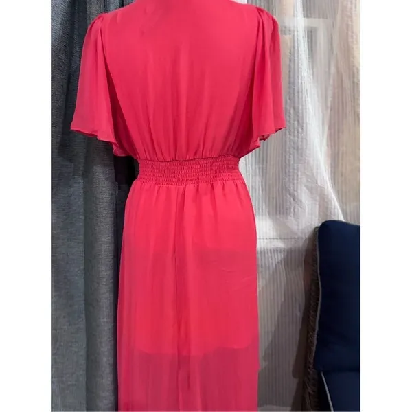 Express Womens coral Chiffon Maxi Dress V-Neck Smocked Waist Flutter Sleeve Med - Image 6