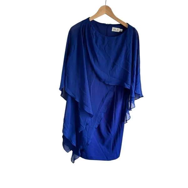 Eliza J‎ Chiffon Cape Draped Sleeveless Blue 4 Sheath Evening Dress - Image 3