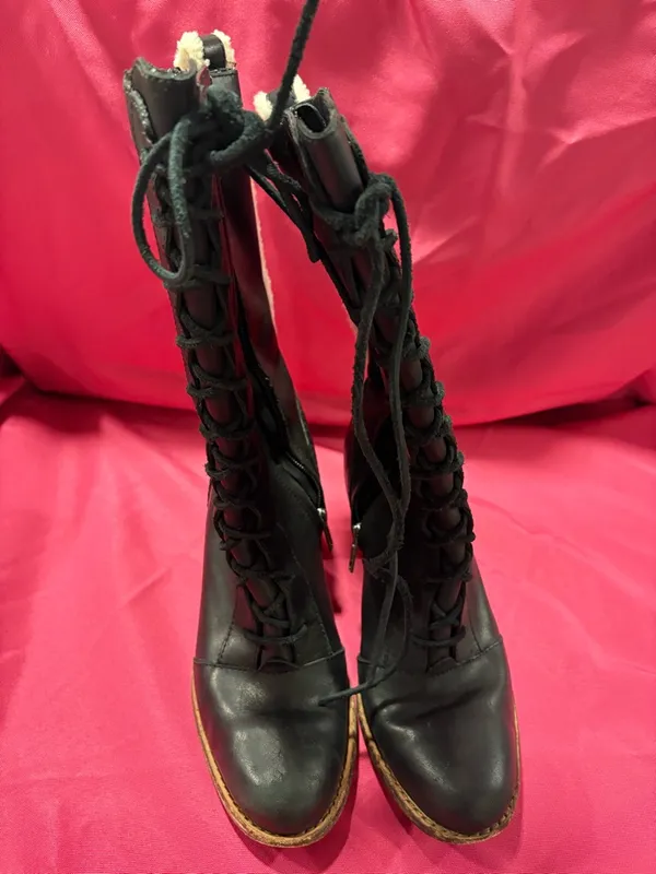UGG Black Leather Heeled Lace-Up Boots with Cream Shearling Trim - Image 3