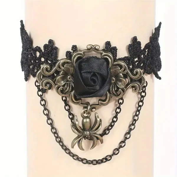 1pc‎ Retro Style Gothic Black Rose Lace Tassel Bracelet Spider Rose Bracelet - Image 7