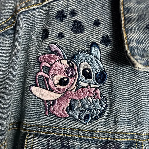 Disney Stitch Denim Jean Trucker Jacket Embroidered and Drawings Urban - Image 2