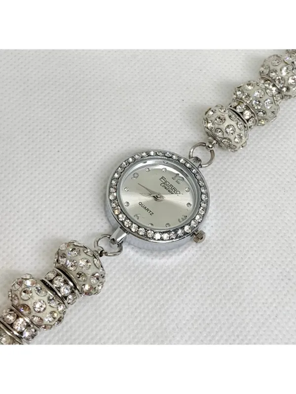 Figaro couture silver tone watch rhinestones 25mm quartz metal beaded running - Image 2