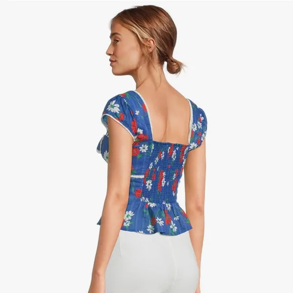 NEW Free People Call Me Baby Cap Sleeve Button-Up Shirt L BLUE QUARTZ - DAISY - Image 4