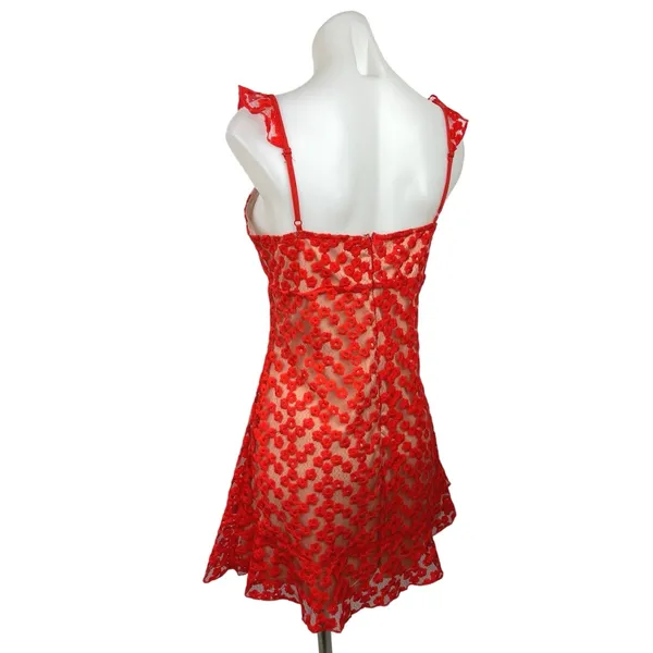 Fab'rik Red Floral Lace Embroidered V Neck Ruffle Sleeve A Line Mini Dress L - Image 3