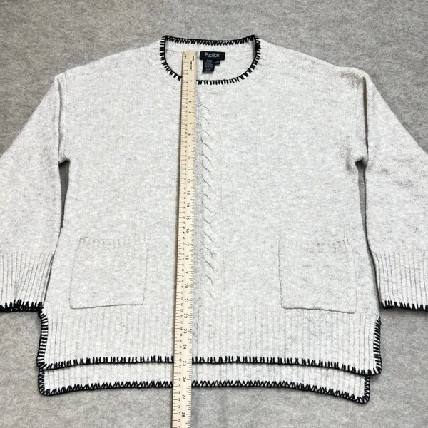Papillon Womens XL Oatmeal Blanket Stitch‎ Cable Knit Pocket Sweater Minimalist - Image 5