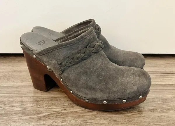 UGG Australia Dark Gray Fleece Kaylee Wooden Platform Clogs Size 9 - Image 2