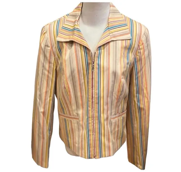 Retro 70s Striped Multicolor Zip Blazer Evan Picone Tan Yellow Orange 12 - Image 3