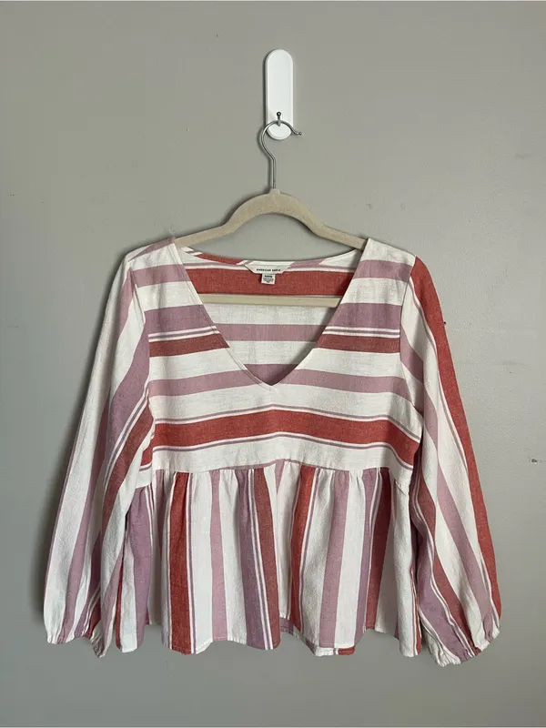 AMERICAN EAGLE Striped Linen Blend V-Neck Peplum Babydoll Top Sz S - Image 3