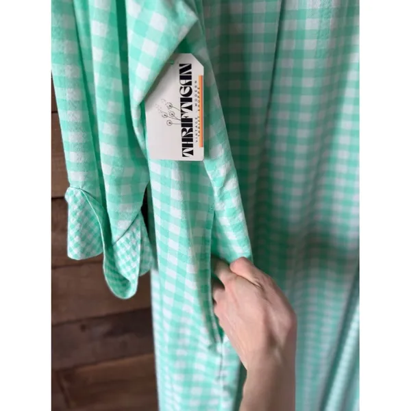 Vintage Mint Green Gingham Nightgown Button Front Midi Sleep Dress - Image 8