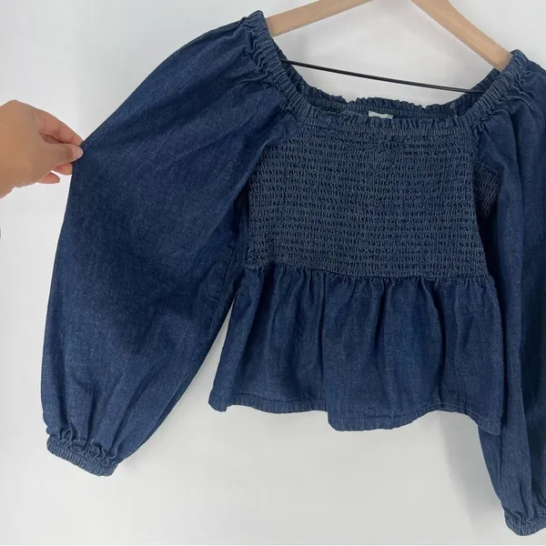 J.‎ Crew Dark Blue Chambray Smocked Puff Sleeve Top Peasant Milkmaid - Image 11