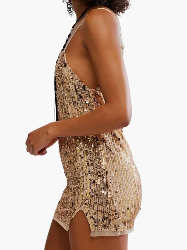 NWT Free People Midnight Kiss Sequin Mini Slipdress X-Large, GOLD COMBO - Image 4