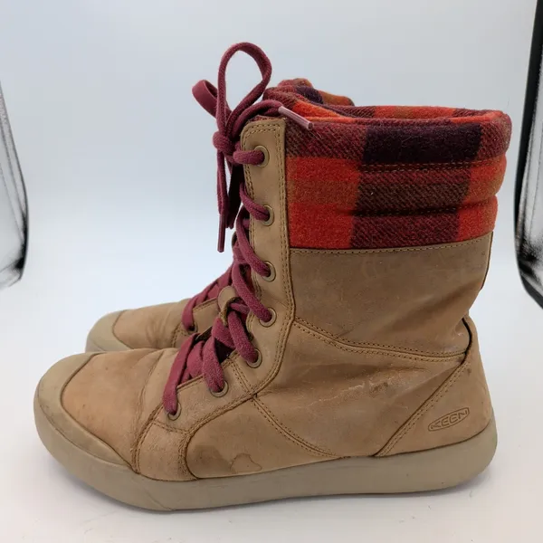 KEEN Elena Tall Lace Leather Winter Boots Tan Red Plaid 1022040 Womens 9‎ - Image 2