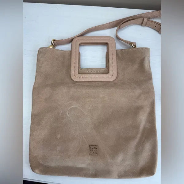 TMRW STUDIO Blush Milo Fold Over Suede Bag Crossbody Top Handle Anthropologie - Image 3