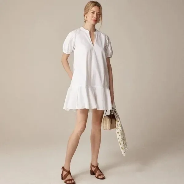NWT!! J. CREW Delilah Dress‎ Cotton Poplin Solid White Mini Ruffle Small Tall ST - Image 4