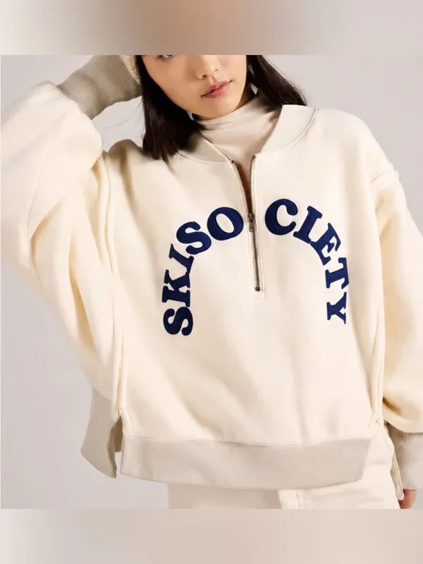 NWT Free People Tricia Fix Ski Society Quarter Zip - ivory white navy - Large - Image 4