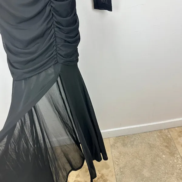 Lulus Vibrant Poise Black Mesh Ruched Maxi Dress Formal Evening Medium NWT - Image 9