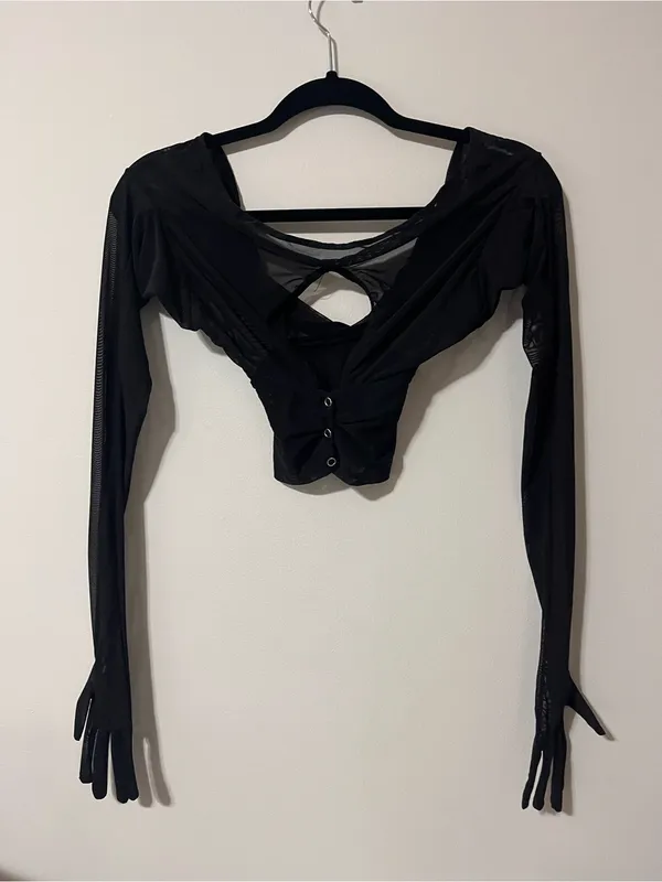 Whimsy Goth Black Mesh Attached Gloves Crop Top Shirt Costume Going Out Sz XS - Image 3