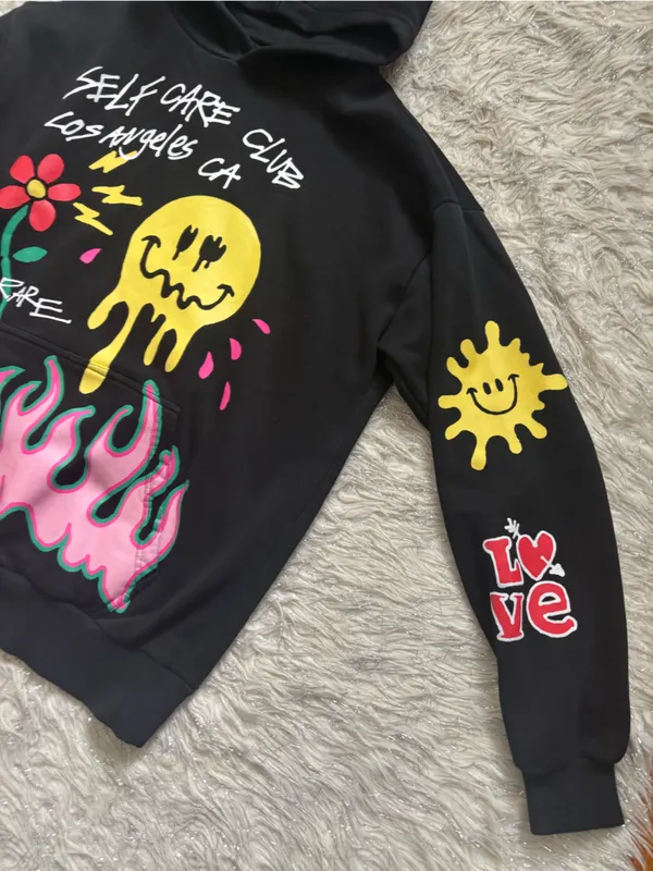 PacSun Black with Yellow, Pink & Green Graphic Unisex Pullover Hoodie Size S - Image 8