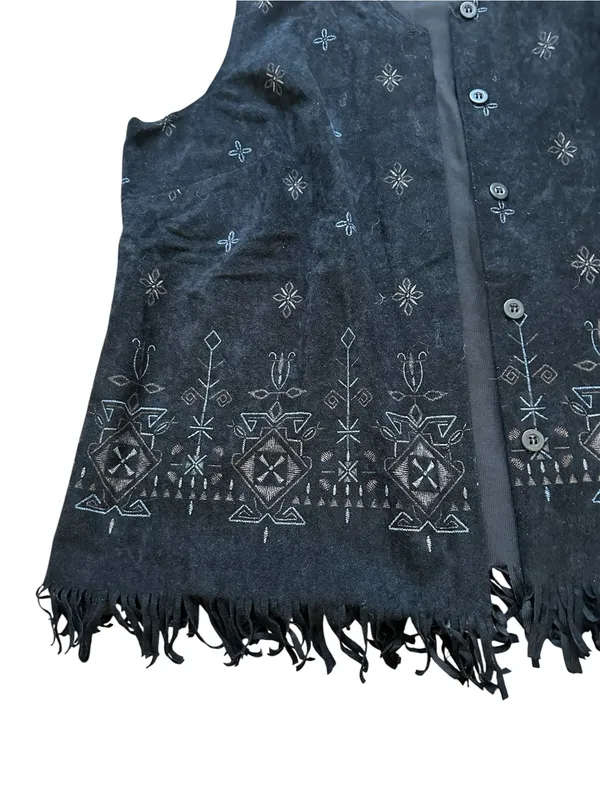 Vintage Black Faux Suede Vest Fringe Hem Embroidered Boho Western Festival - Image 5