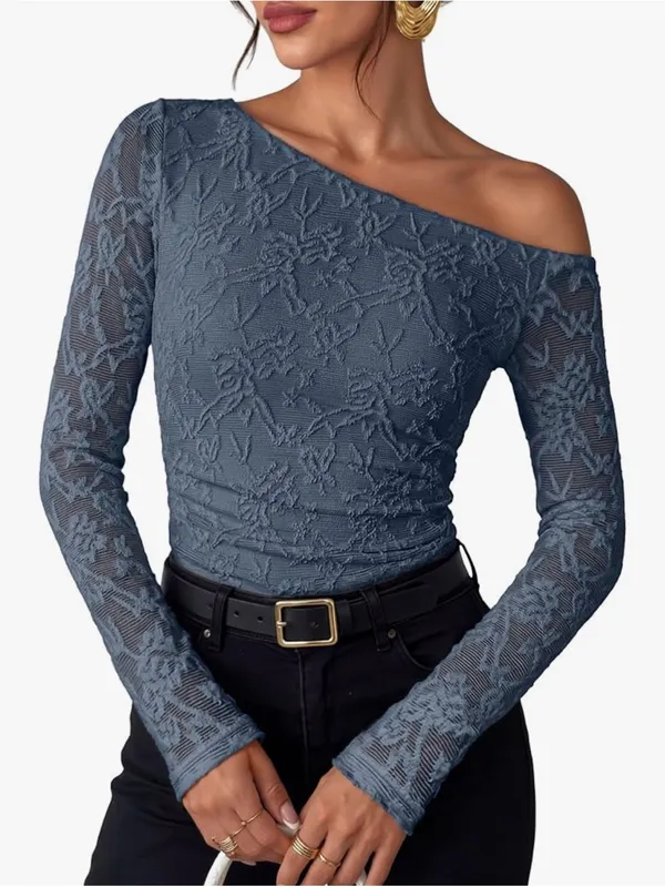 Dusty Blue Lace Asymmetrical Off-Shoulder Stretchy Zesica Fall Fitted Blouse NWT - Image 2