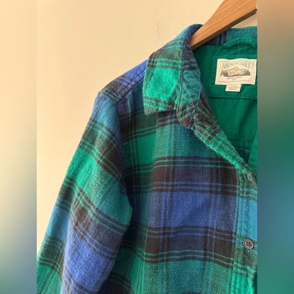 American‎ Eagle Women's Green and Blue Plaid Button Down Shirt 100% Cotton - Image 2