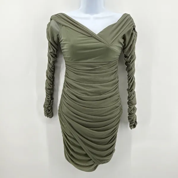Selfie Leslie Ruched Off Shoulder Mini Dress S Olive Green Long‎ Sleeve Bodycon - Image 2