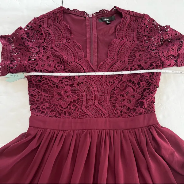 Lulus Angel in Disguise Burgundy Lace Chiffon Flare Skater Dress SMALL‎ - Image 8