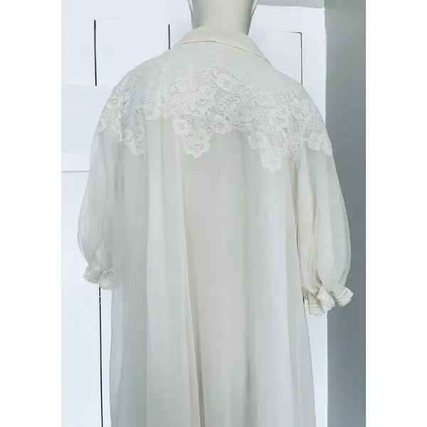 Vintage Gotham Gold Stripes‎ Ivory Lace Lingerie Robe Chiffon Puffy Sleeves - Image 4