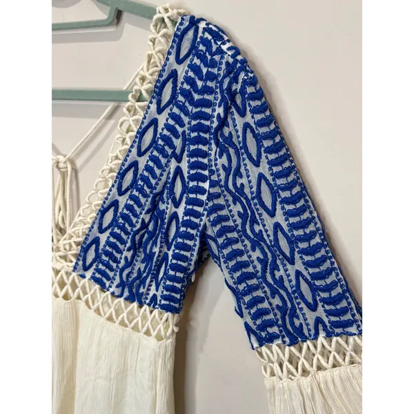 Free People Dusk to Dawn Dress Boho Sz 2 White Blue‎ Crochet Deep V Long Sleeve - Image 4