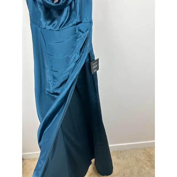 Lulus Stunning Arrival Dark Teal Satin Off The Shoulder Maxi Dress Formal XL NWT - Image 9