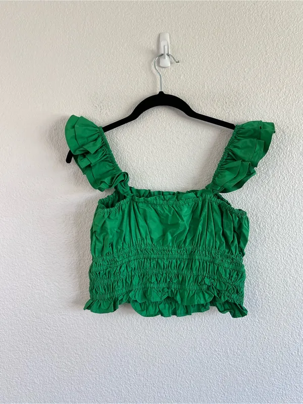 Anthropologie Maeve Women's Smocked Taffeta Tank Green Ruffle Cropped Boho - Image 6