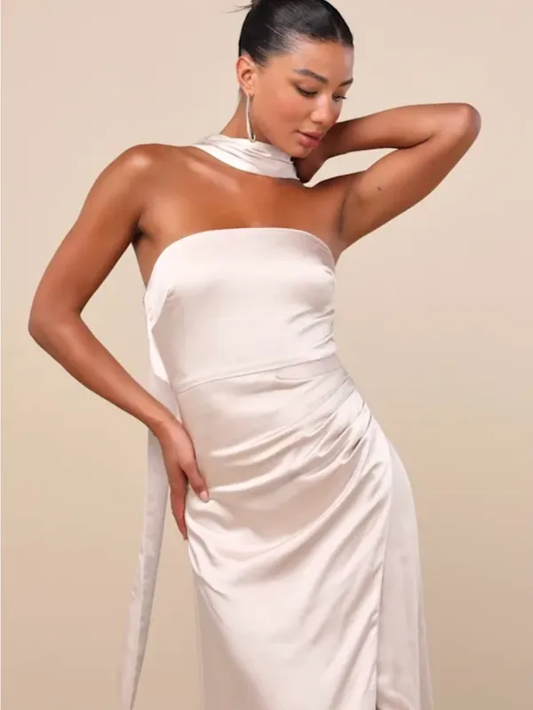 Lulu's Ivory Satin Strapless Maxi Dress with Neck Scarf - Image 4
