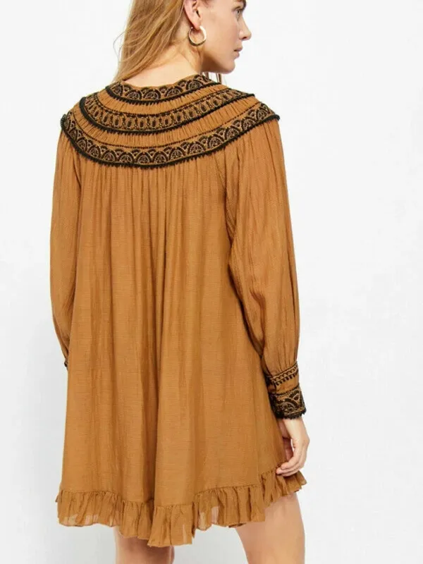Free People Anthropologie Erin Embroidered LS Bronze Keyhole Mini Dress Size med - Image 2