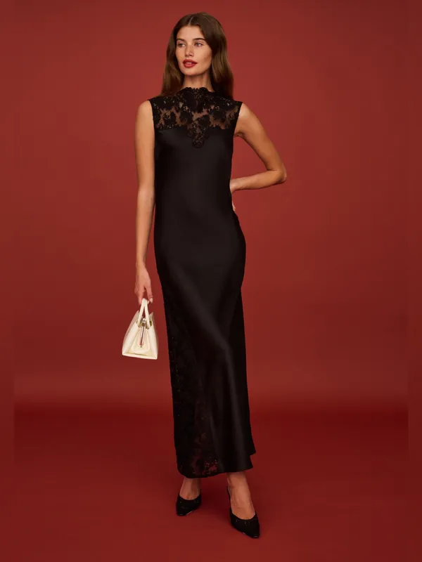 NWT o.p.t Natalia Dress size 6 Black Lace Maxi Dress Few Moda silky - Image 3