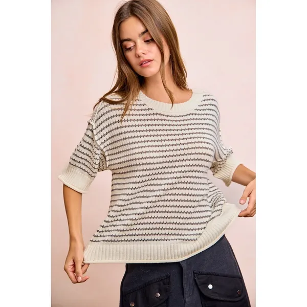 BiBi Stripes Short Sleeves Rib Banded Outseam Knit Top‎ - Cream/Grey - Medium - Image 4