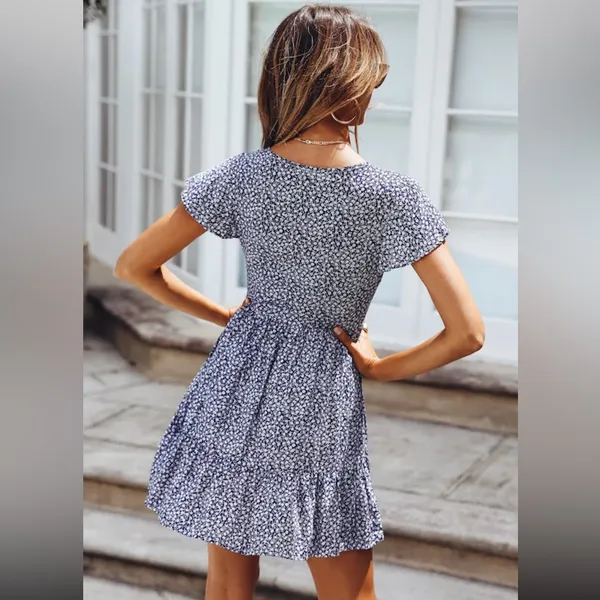 Hello Molly Blue Floral Button-Front V-Neck Mini Dress - Image 3