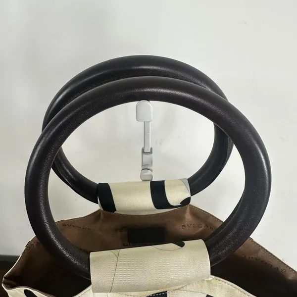 Bvlgari Canvas Top Handle Bag Medium Cream Abstract Ring Leather Handles Italy - Image 7