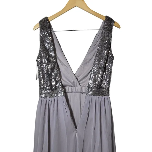 Lulus Elegant Encounter Pewter Sequin Maxi Dress Silver Grey V-Neck Gown Small - Image 5