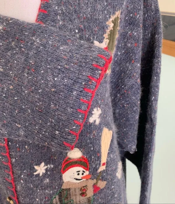 Vintage VJ Woman Angora Christmas Holiday Snowman V Neck Sweater Cardigan 1X - Image 7