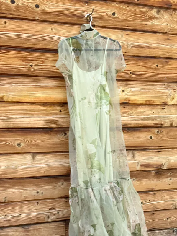 CAARA Melody Size M Green Floral Tie Neck Ruffle Hem Gown Dress Few Moda - Image 6
