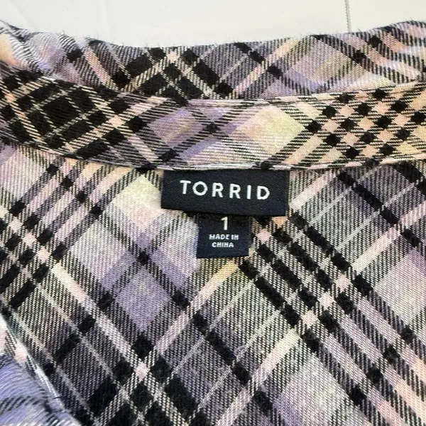 Torrid Soft Flannel Tie Back Button Up Tunic‎ Purple Plaid Size 1X - Image 11