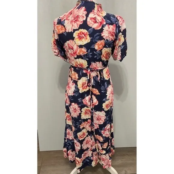 Old Navy Womens Wrap Dress Navy Pink Floral Ruffle Midi Small - Image 2